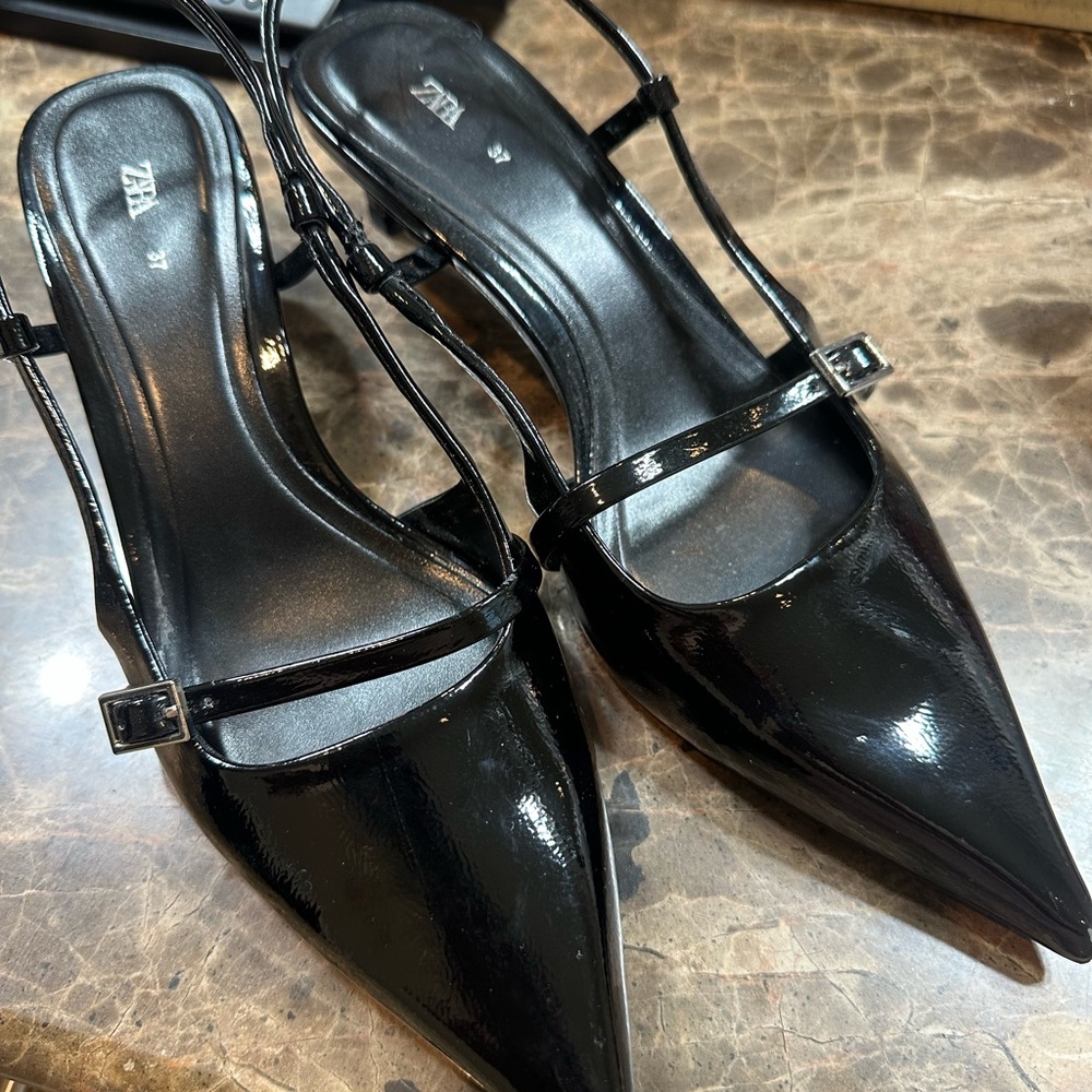 Zara Glossy Black Slingback Heels